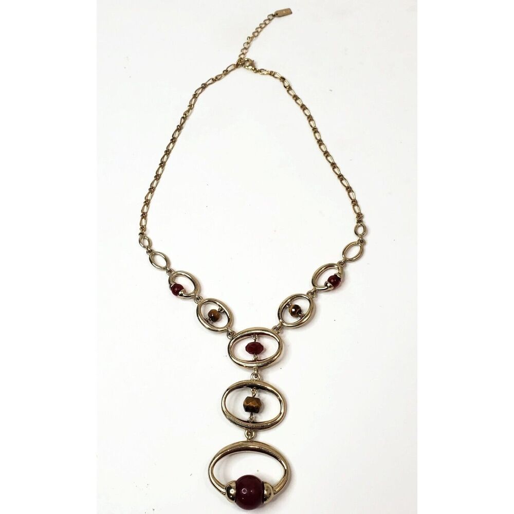 Liz & Co Liz Claiborne Red & Faux Tiger's Eye Bead Gold Tone Necklace 18"